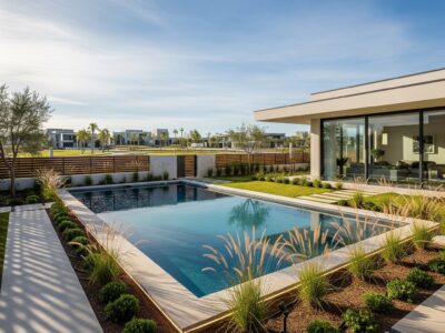 Piscina con jardín solárium y parrilla