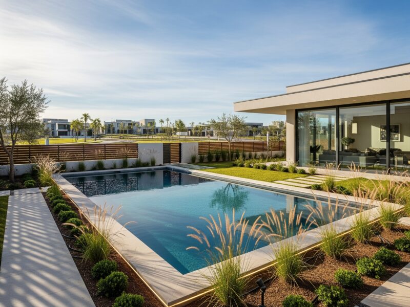 Piscina con jardín solárium y parrilla
